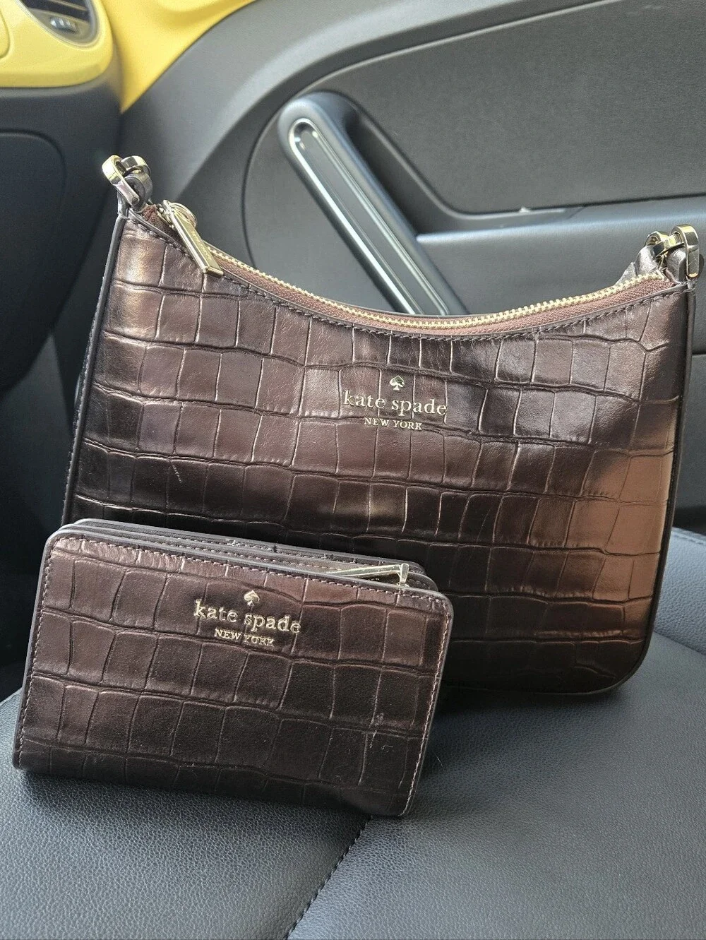 Kate spade Croc-Embossed Hobo Shoulder Bag + Wallet in Dark Brown